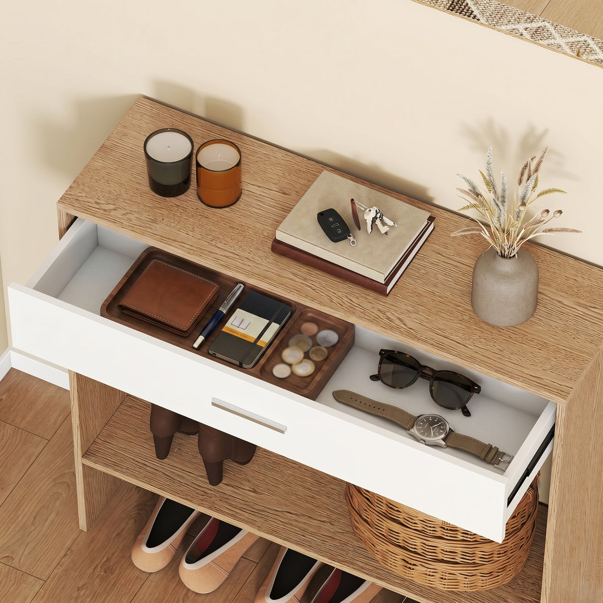 Console meuble + miroir, table console étroite avec tiroir et étagère, style moderne, 91,5 x 27,9 x 85,5 cm, chêne