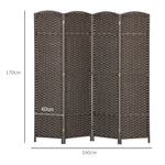 Paravent interieur en bois 4 panneaux 160 x 170 cm séparateur de pièce pliable pour salon, chambre à coucher, marron
