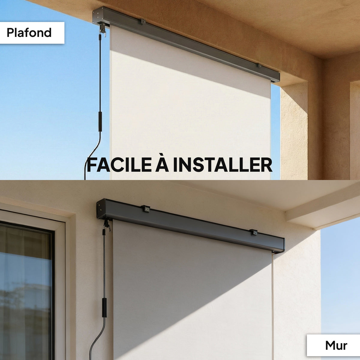 Store enrouleur extérieur, store vertical extérieur avec manivelle et cassette en aluminium, 250x160cm, crème
