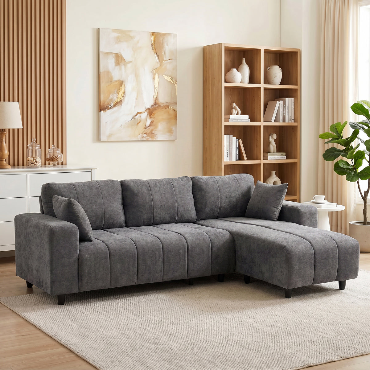 Canapé d'Angle Modulable 242 cm, Canapé 4 Places en L avec Méridienne Réversible, 2 Oreillers, Tissu Aspect Lin, Gris
