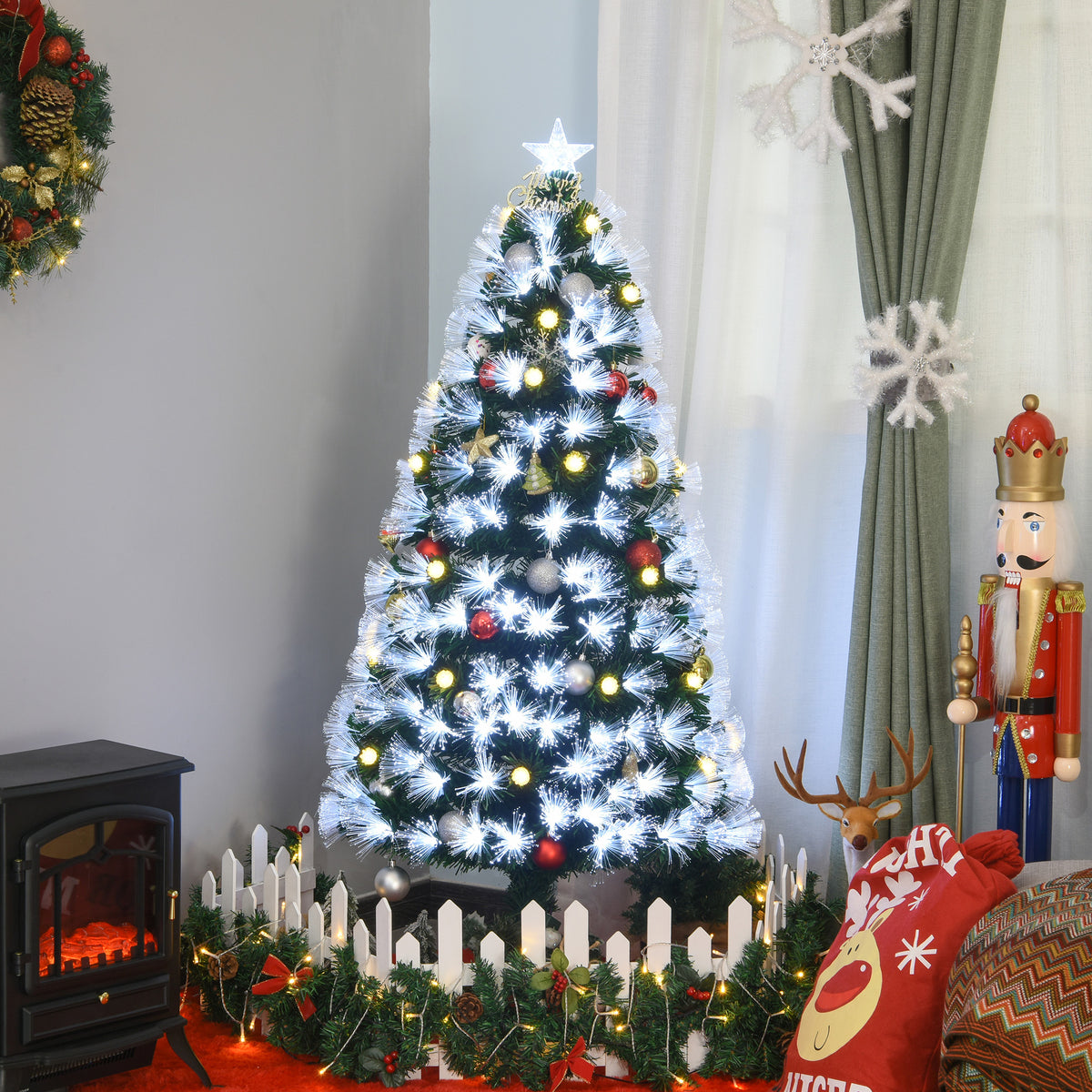 Sapin de Noël Artificiel Lumineux 120H cm Fibre Optique LED + 20 Ampoules + Support Pied 130 Branches étoile Sommet Brillante Vert