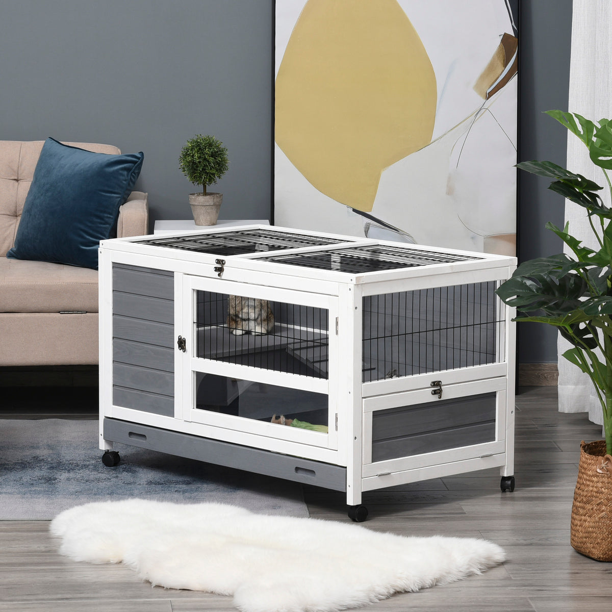 Clapier en bois cage à lapin villa pour lapin avec plateau coulissant, porte verrouillable, dessus ouvrable gris