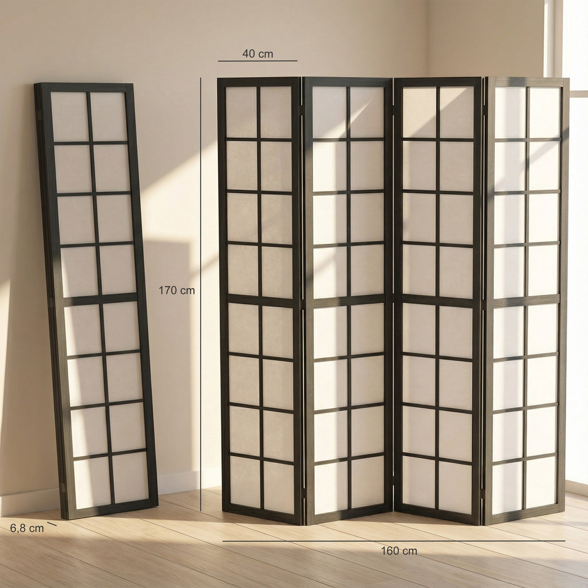 Paravent interieur pliable 4 panneaux 160 x 170 cm séparateur de pièce pour salon chambre à coucher maison, noir