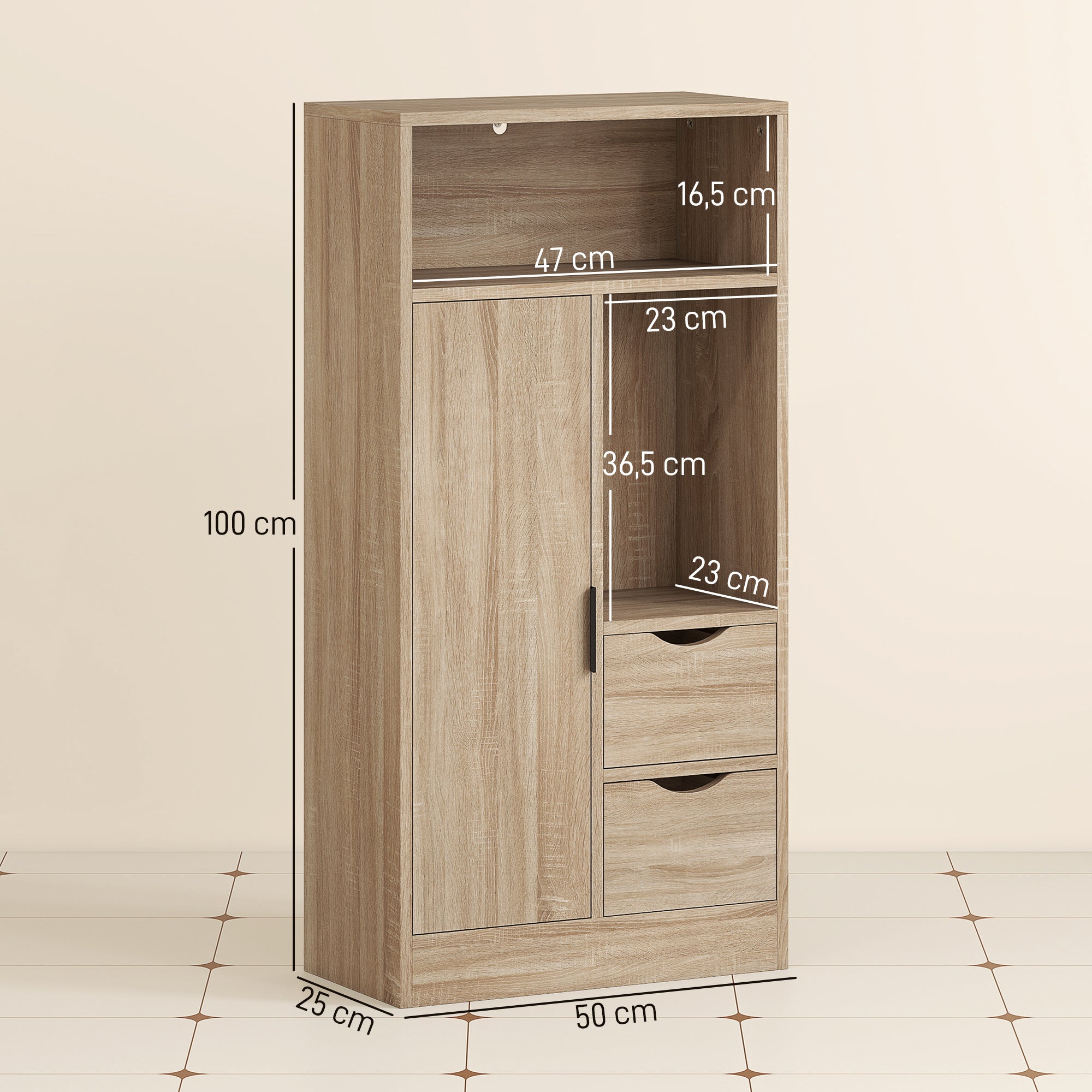 Meuble de salle de bain, meuble de rangement étroit avec 2 tiroirs, compartiments ouverts, 50x25x100cm, bois naturel
