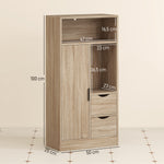 Meuble de salle de bain, meuble de rangement étroit avec 2 tiroirs, compartiments ouverts, 50x25x100cm, bois naturel