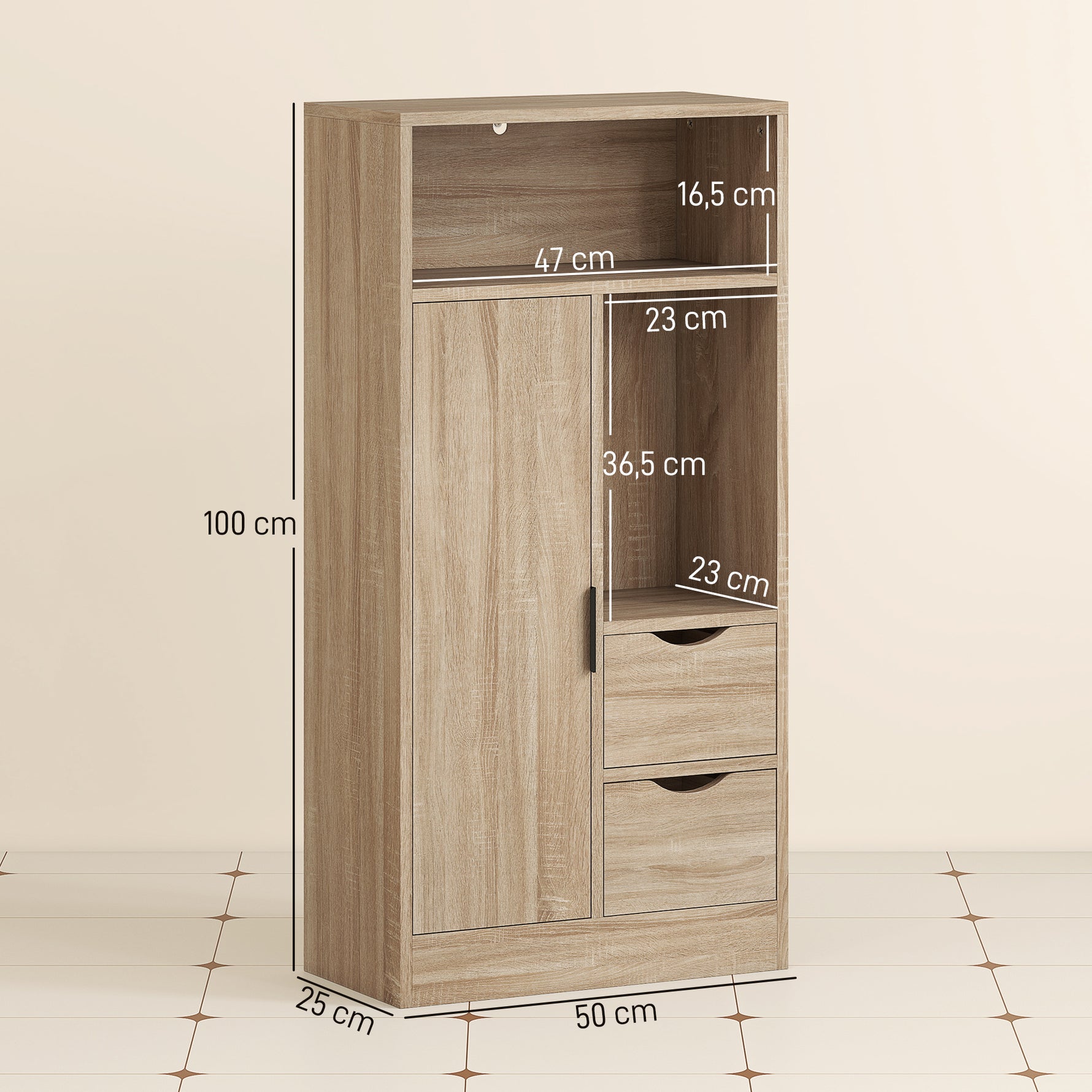 Meuble de salle de bain, meuble de rangement étroit avec 2 tiroirs, compartiments ouverts, 50x25x100cm, bois naturel