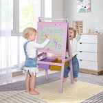 3-in-1 Kindertafel – Kinderstaffelei – doppelseitige Tafel – Whiteboard und Kreidetafel – Papierrolle mit Zubehör + integrierte Aufbewahrungskörbe – MDF, Rosa