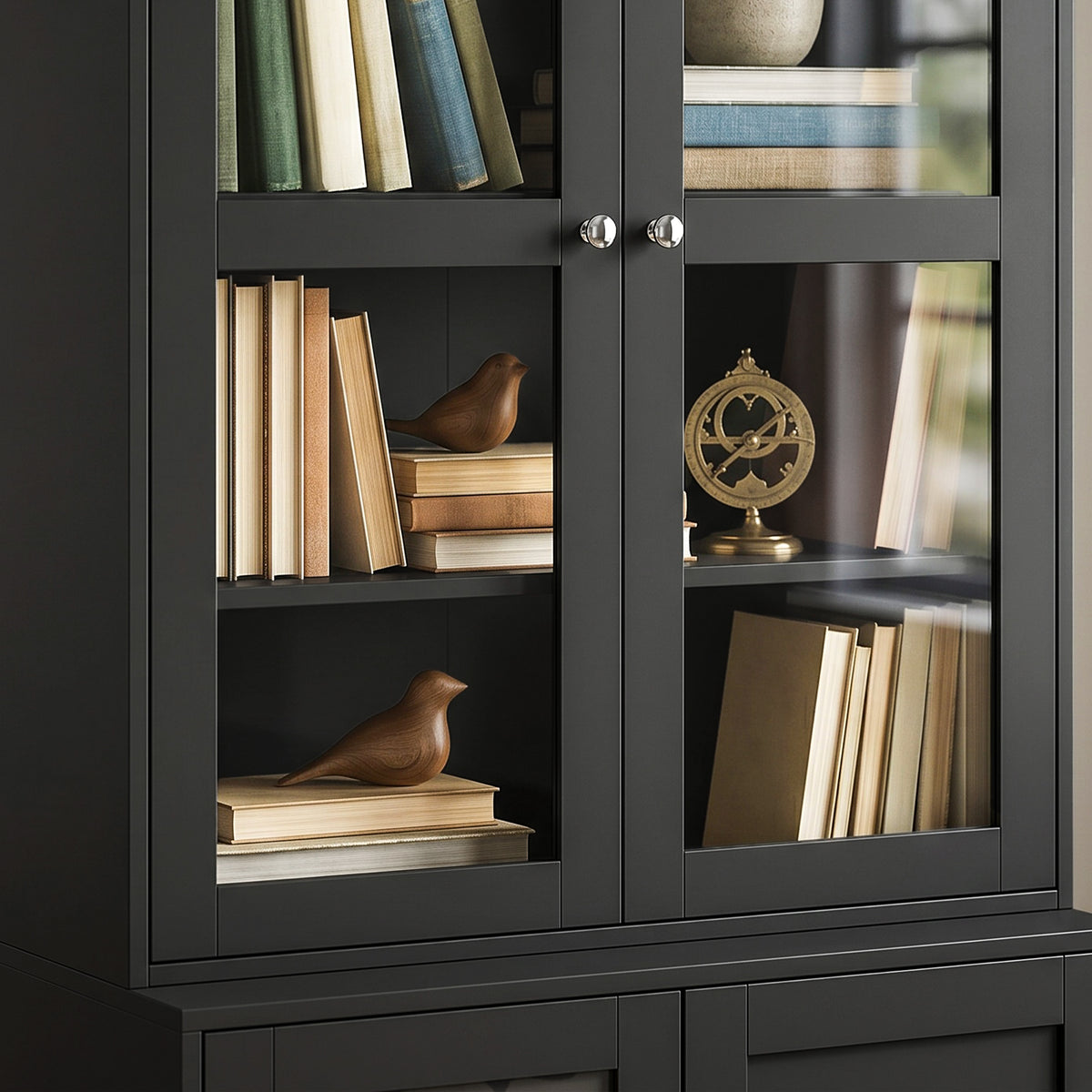 Bibliothèque vitrine, meuble de rangement à 6 niveaux avec 4 portes dont 2 en verre trempé, étagères réglables, noir