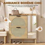 Meuble à Chaussures 10 Paires, Armoire à Chaussures, Porte en Miroir, 2 Tiroirs Rabattables et Étagères Réglables, Chêne