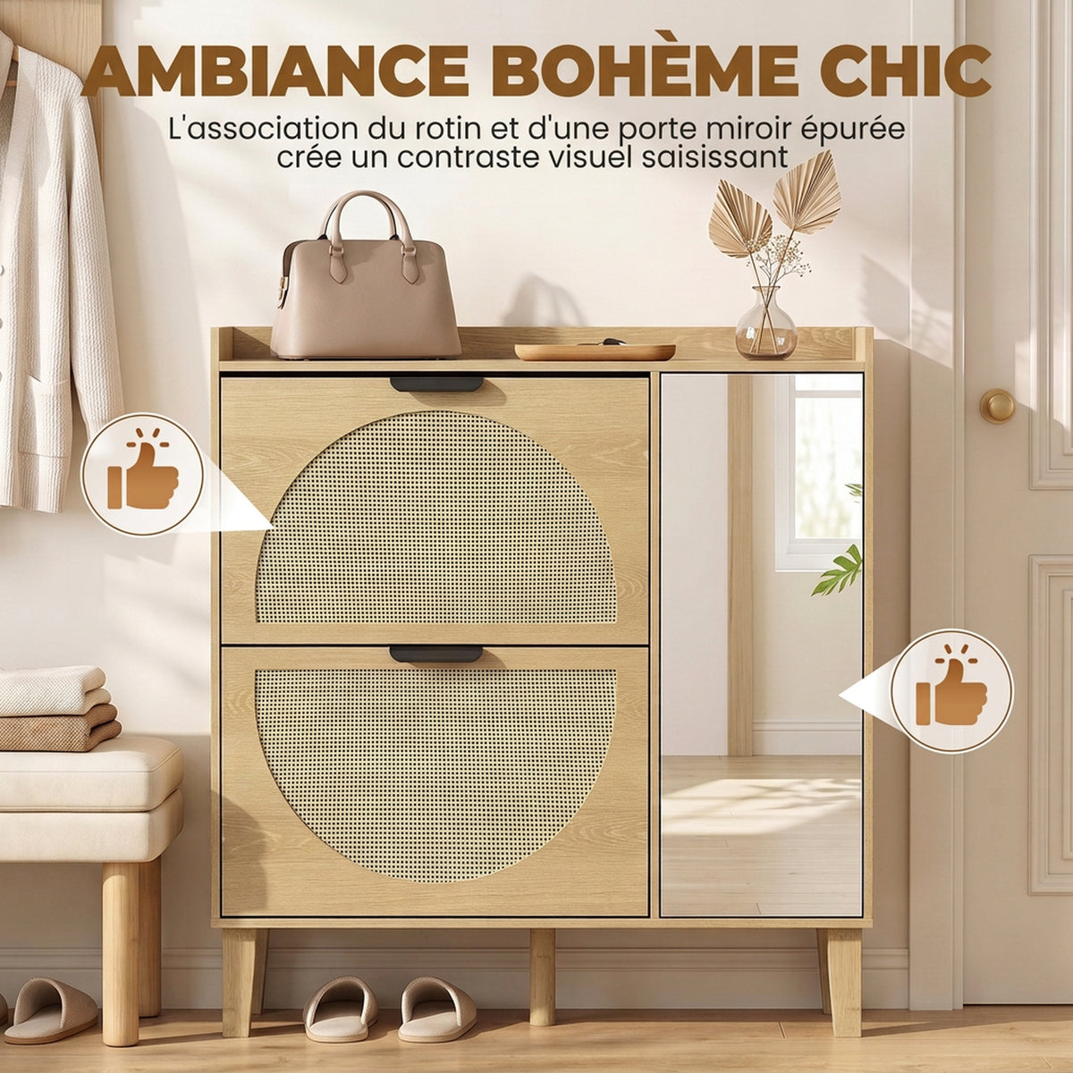 Meuble à Chaussures 10 Paires, Armoire à Chaussures, Porte en Miroir, 2 Tiroirs Rabattables et Étagères Réglables, Chêne