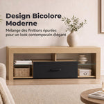 Meuble TV 140 cm, Meuble Télé pour 65 Pouces avec Étagères en Verre Réglables, Tiroir et Compartiments Ouverts, Chêne