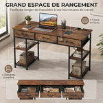 Bureau avec rangement avec prises de courant, 3 tiroirs en tissu et 4 étagères de rangement, 120 x 40 x 76 cm, marron