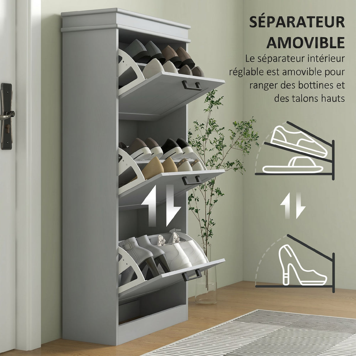 Meuble à chaussures, armoire à chaussures 3 portes abattants 15 paires, étagères réglables, 54 x 24 x 117,5 cm, gris