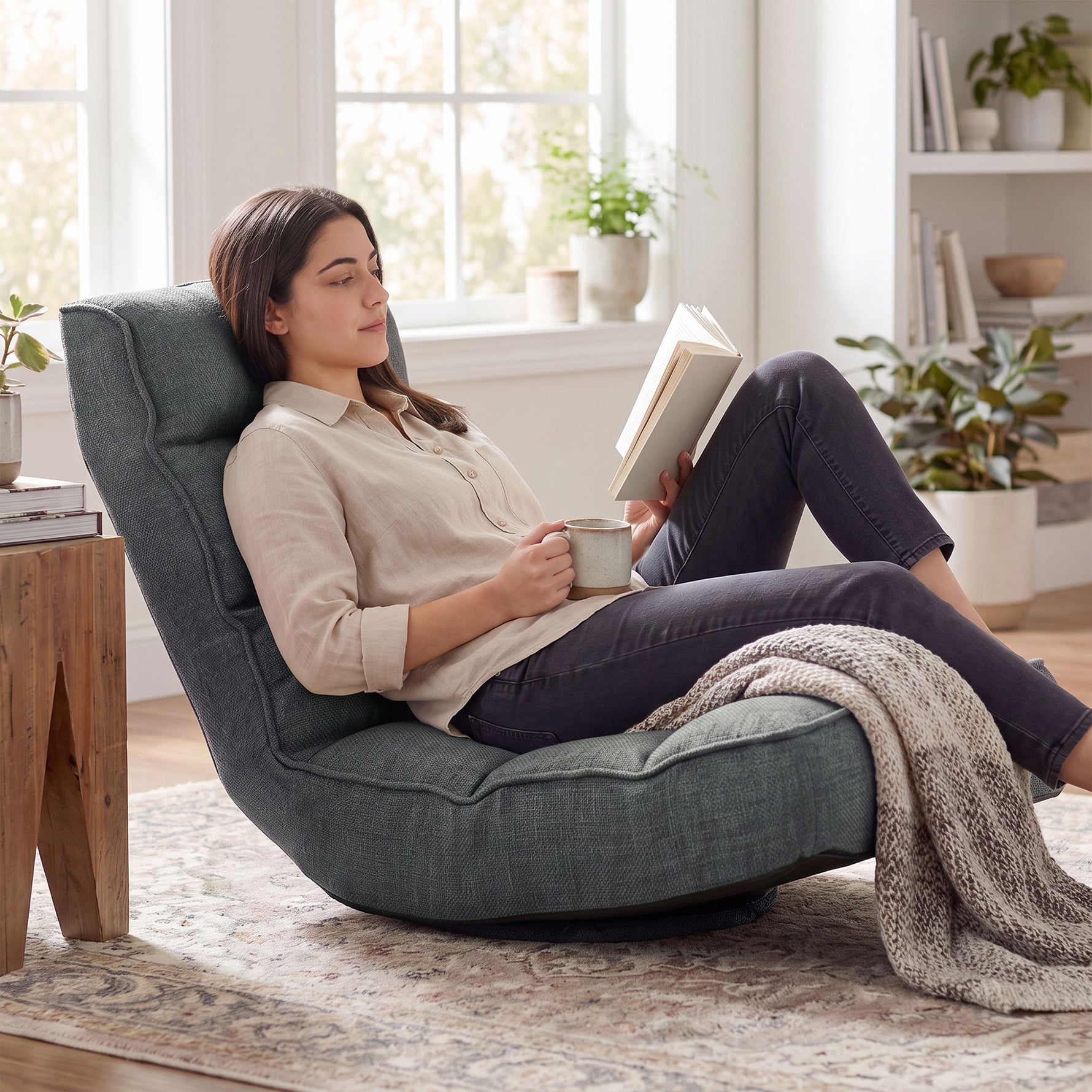 Fauteuil de sol pliable pivotant à 360°, chaise de sol rembourré avec dossier réglable en 5 positions, 58x107x79cm, gris
