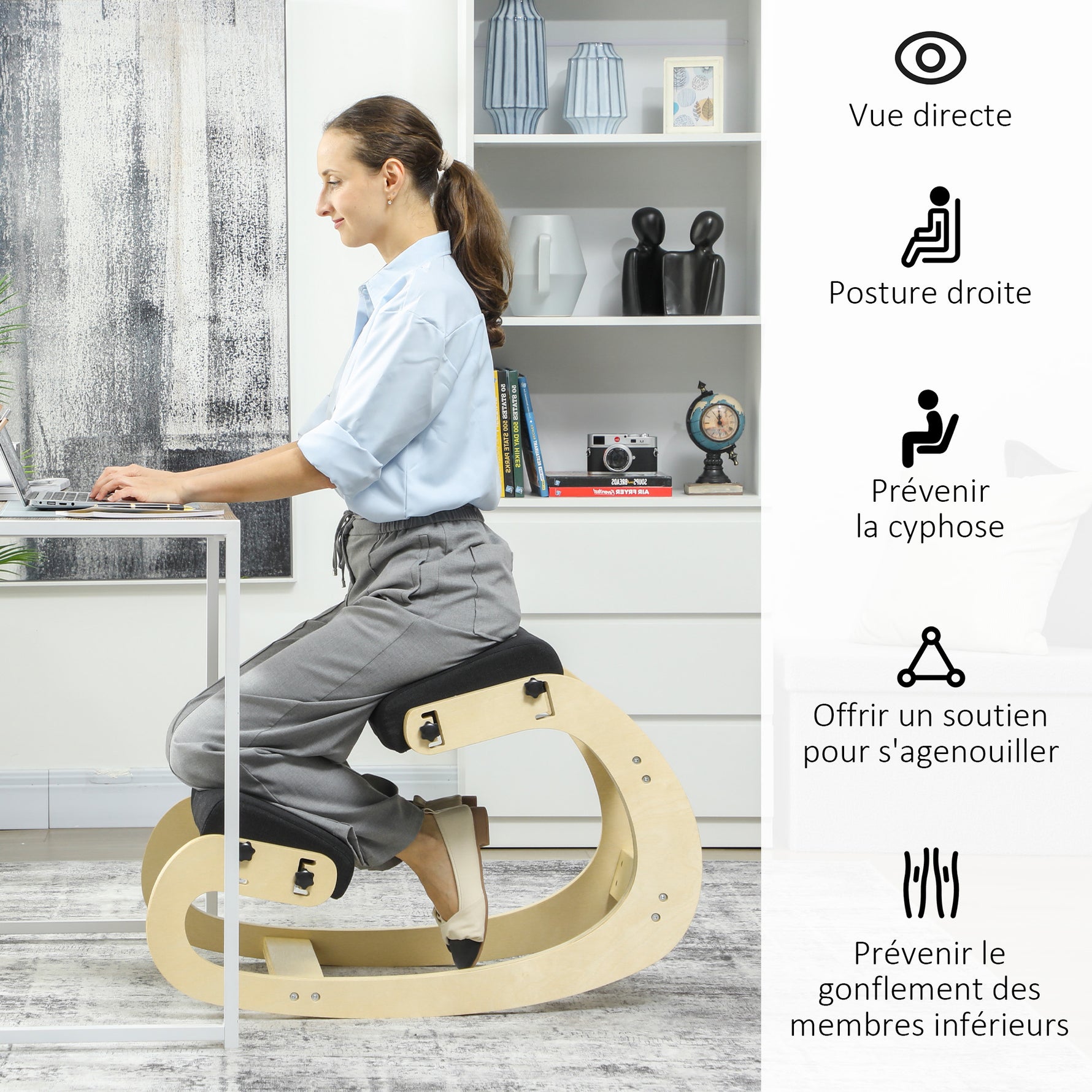 Siège assis genoux, siège ergonomique en bois avec fonction à bascule, chaise à genoux réglable pour bureau à domicile