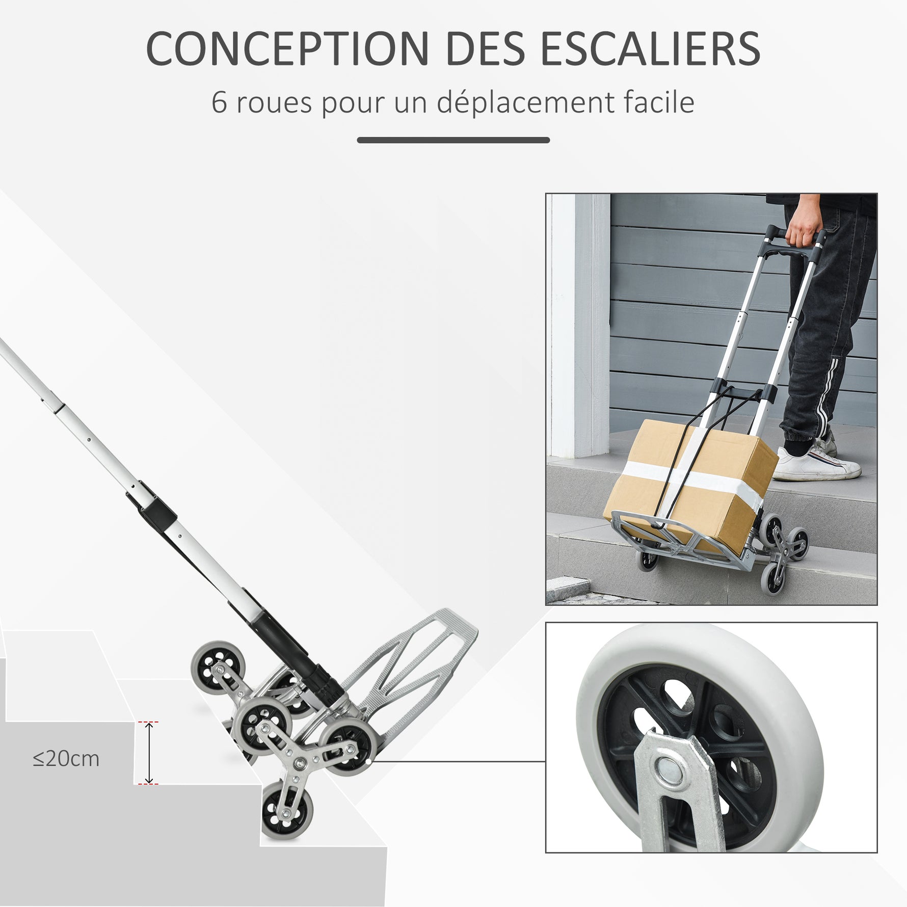 Diable escalier pliant en aluminium avec 6 roues et sangle - charge de 70 kg avec - argent et noir
