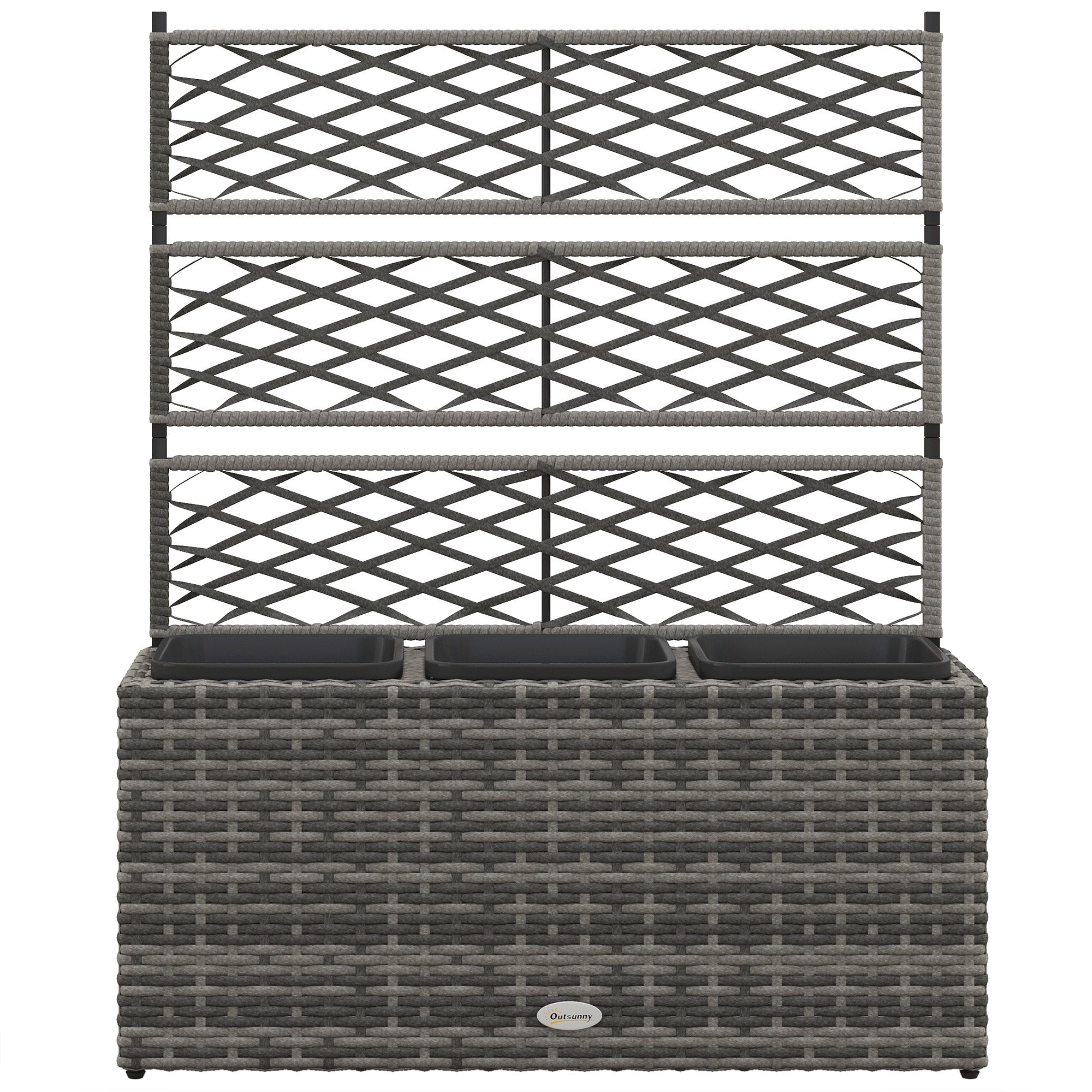 Jardinière pour plantes avec treillis 3 bacs à plante 33L en résine tressée et acier dim. 84L x 30L x 107H cm