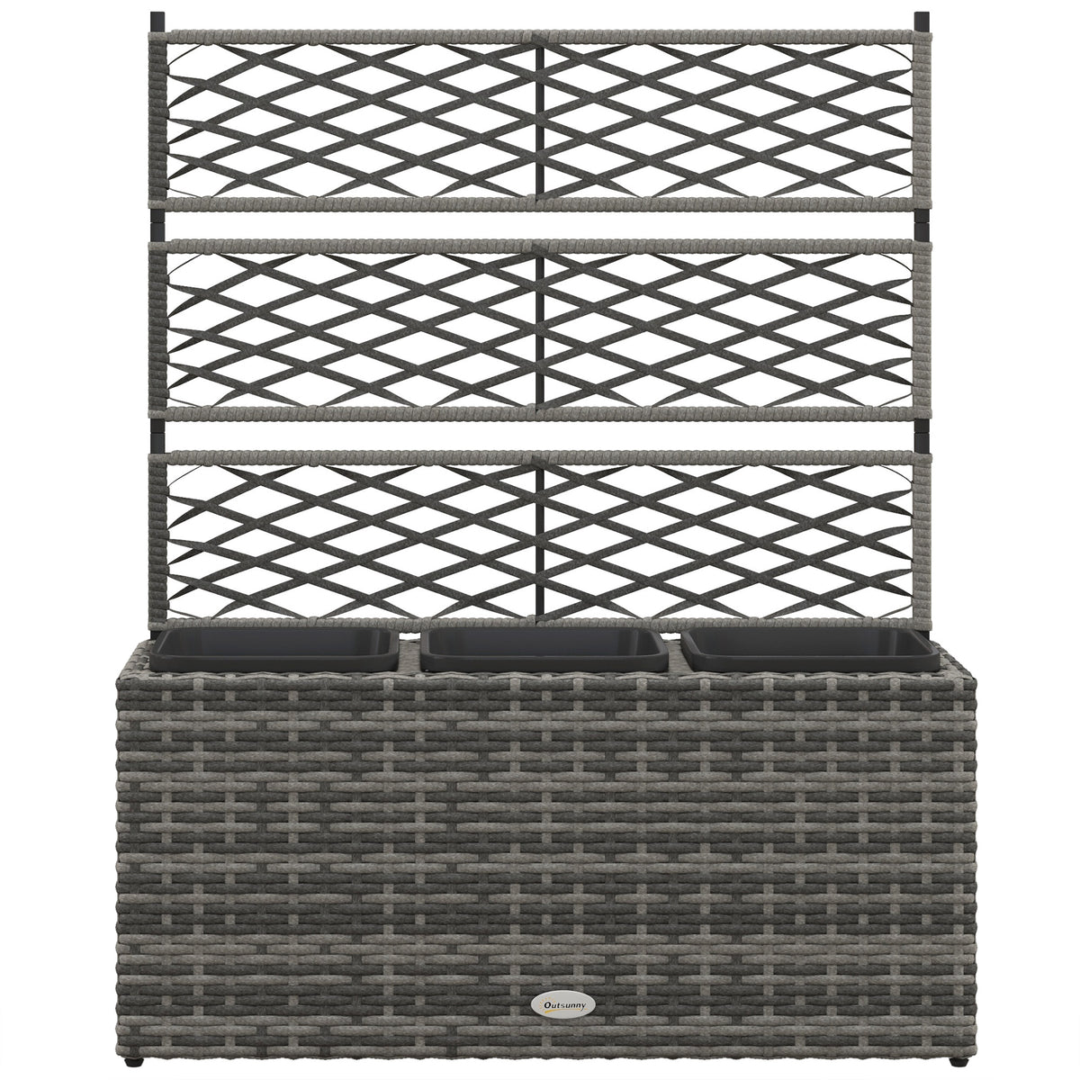Jardinière pour plantes avec treillis 3 bacs à plante 33L en résine tressée et acier dim. 84L x 30L x 107H cm