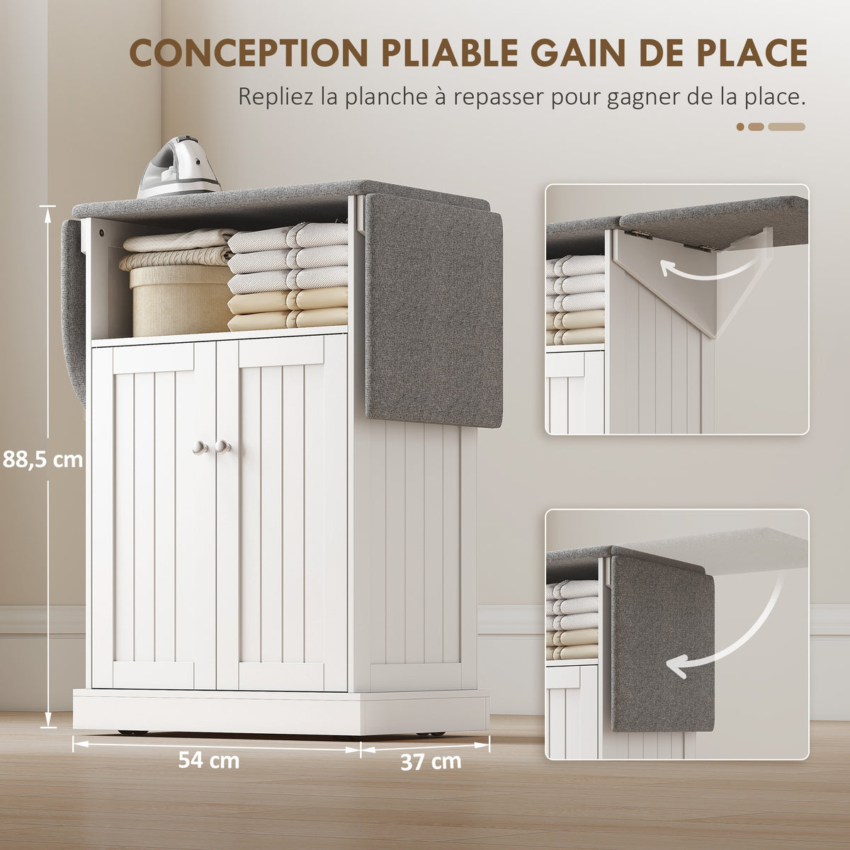 Ironing cabinet on wheels, ironing board with foldable ironing surface, 131 x 37 x 89.5 cm, white