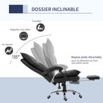 Fauteuil de bureau, chaise bureau ergonomique en similicuir avec large assise rembourrée, dossier inclinable, hauteur réglable, accoudoirs et repose-pied intégrés, charge 135 Kg, noir