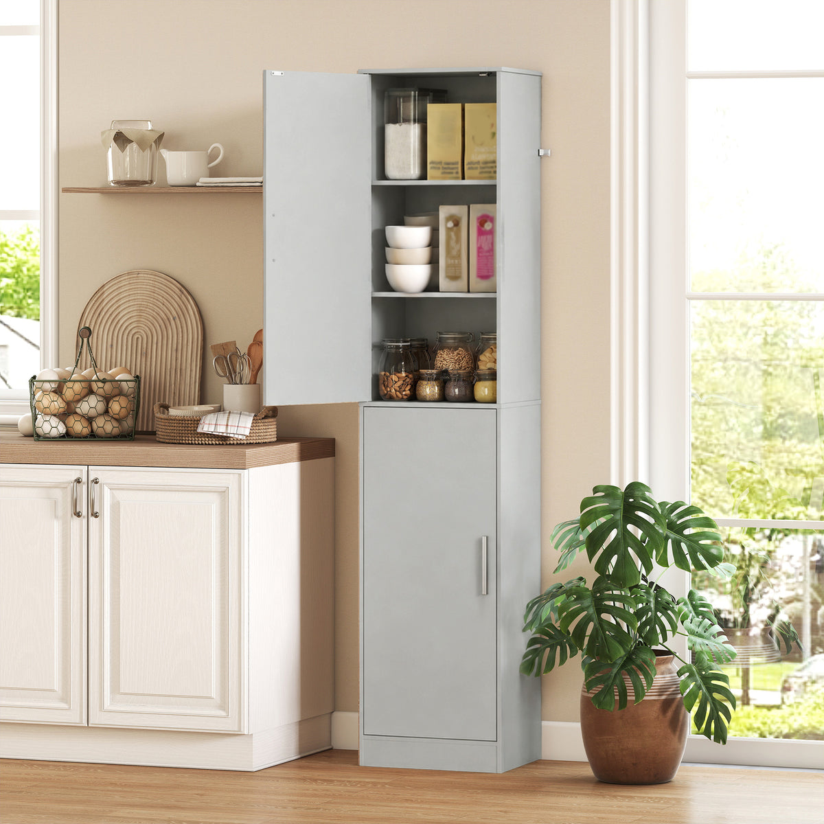 Colonna da bagno a 6 livelli, mobile contenitore stretto, 2 ante e 4 ripiani regolabili, 40x35x180cm, verde