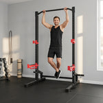 Power Tower Multifunzione Carico 500 kg, Barra per Trazioni, Rack per Squat, Supporti per Dischi, 157x105x205cm, Rosso
