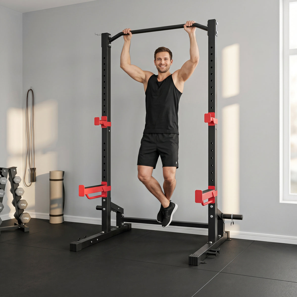 Power Tower Multifunzione Carico 500 kg, Barra per Trazioni, Rack per Squat, Supporti per Dischi, 157x105x205cm, Rosso