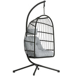 Fauteuil Œuf Suspendu Pliable avec Support Coussin 15cm et Appui-tête Gain de Place Résine Tressée 101x105x196cm Gris
