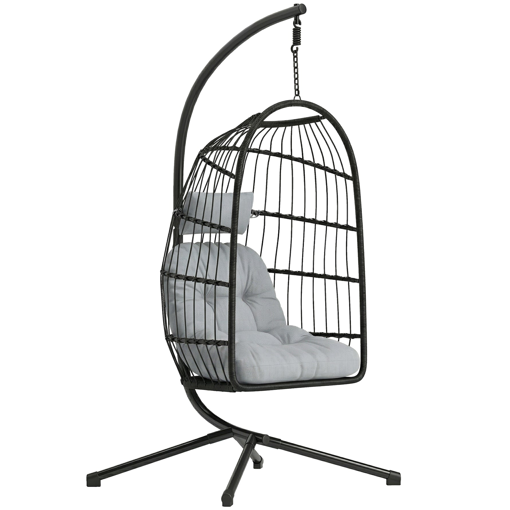 Fauteuil Œuf Suspendu Pliable avec Support Coussin 15cm et Appui-tête Gain de Place Résine Tressée 101x105x196cm Gris