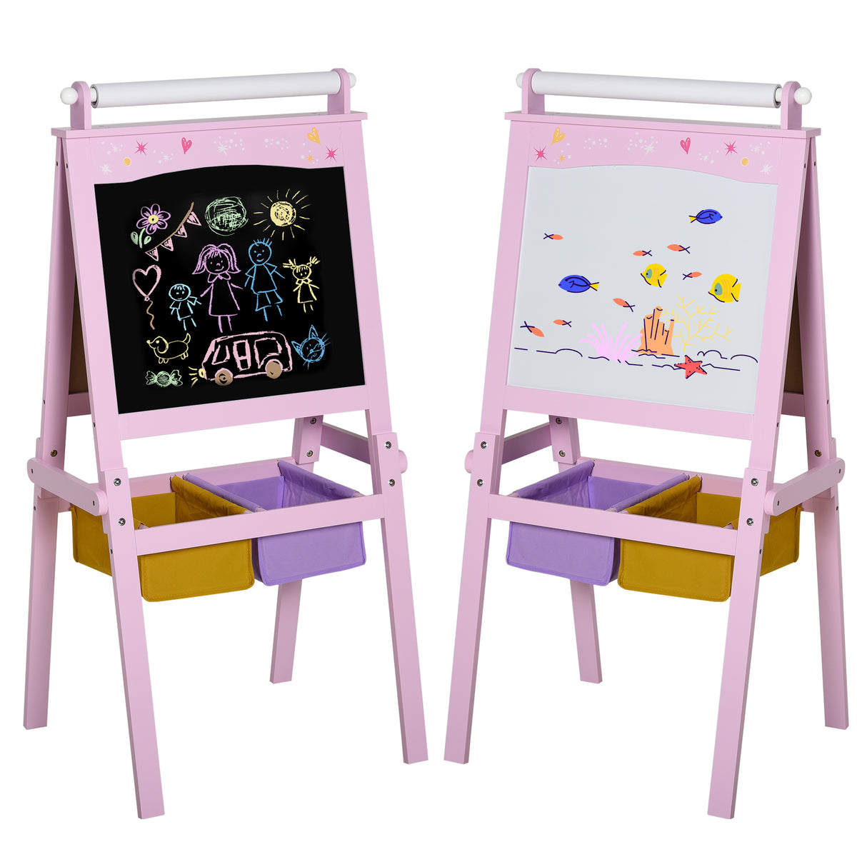 3-in-1 Kindertafel – Kinderstaffelei – doppelseitige Tafel – Whiteboard und Kreidetafel – Papierrolle mit Zubehör + integrierte Aufbewahrungskörbe – MDF, Rosa