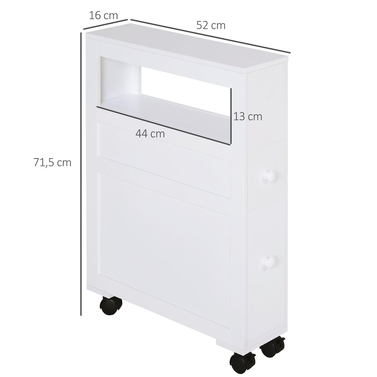 Badezimmer-Rollwagen, WC-Schrank, offenes Regal mit 2 Schubladen, 16 x 52 x 71,5 cm, weiß