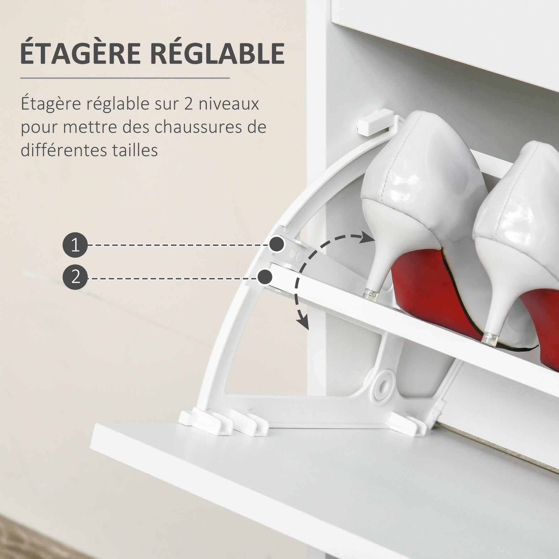 Meuble à chaussures avec 2 tiroirs rabattables étagère réglable + 1 tiroir  jusqu'à 16 paires 70L x 29l x 92H Blanc
