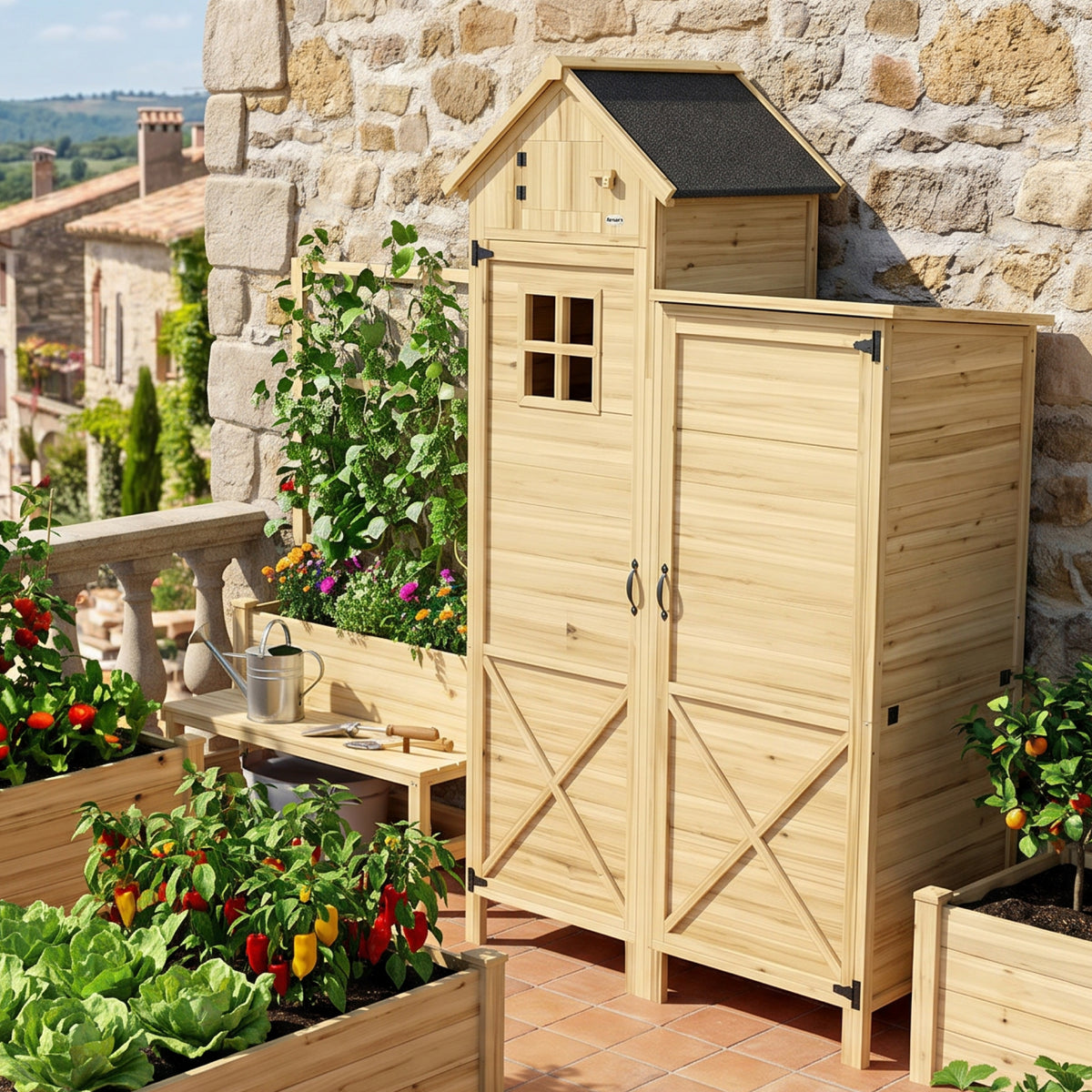 Armoire de Jardin en Bois Abri de Jardin Toit en Asphalte Double Zone et Étagères Amovibles 106x57x167cm Naturel