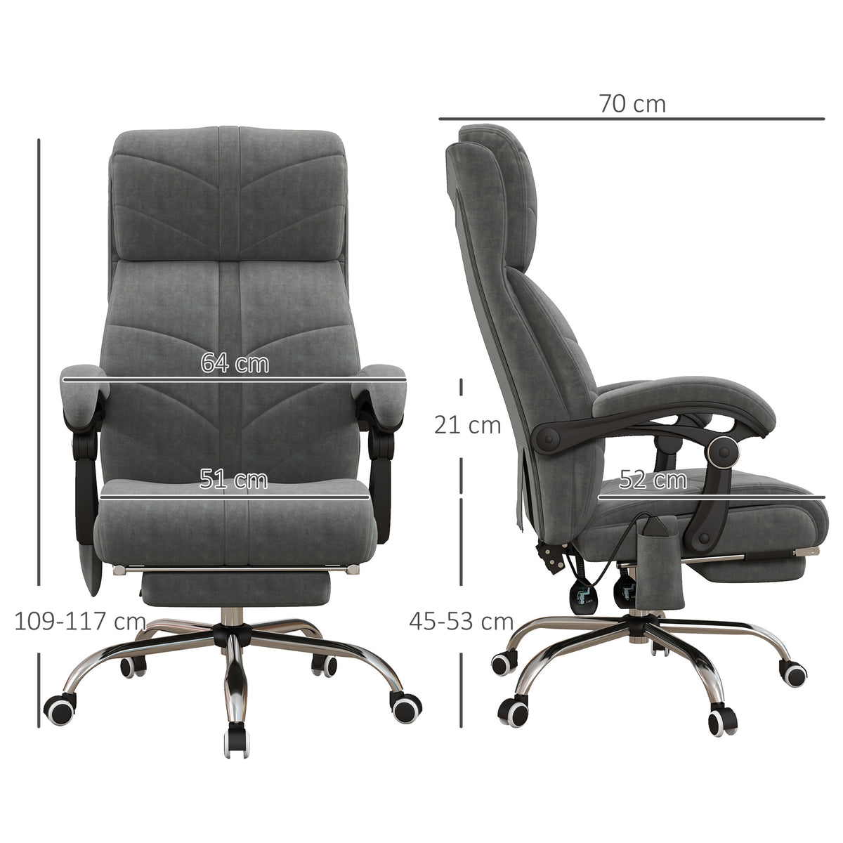 Fauteuil chaise de bureau massant chauffant inclinable avec repose-pieds intégré 5 roulettes gris