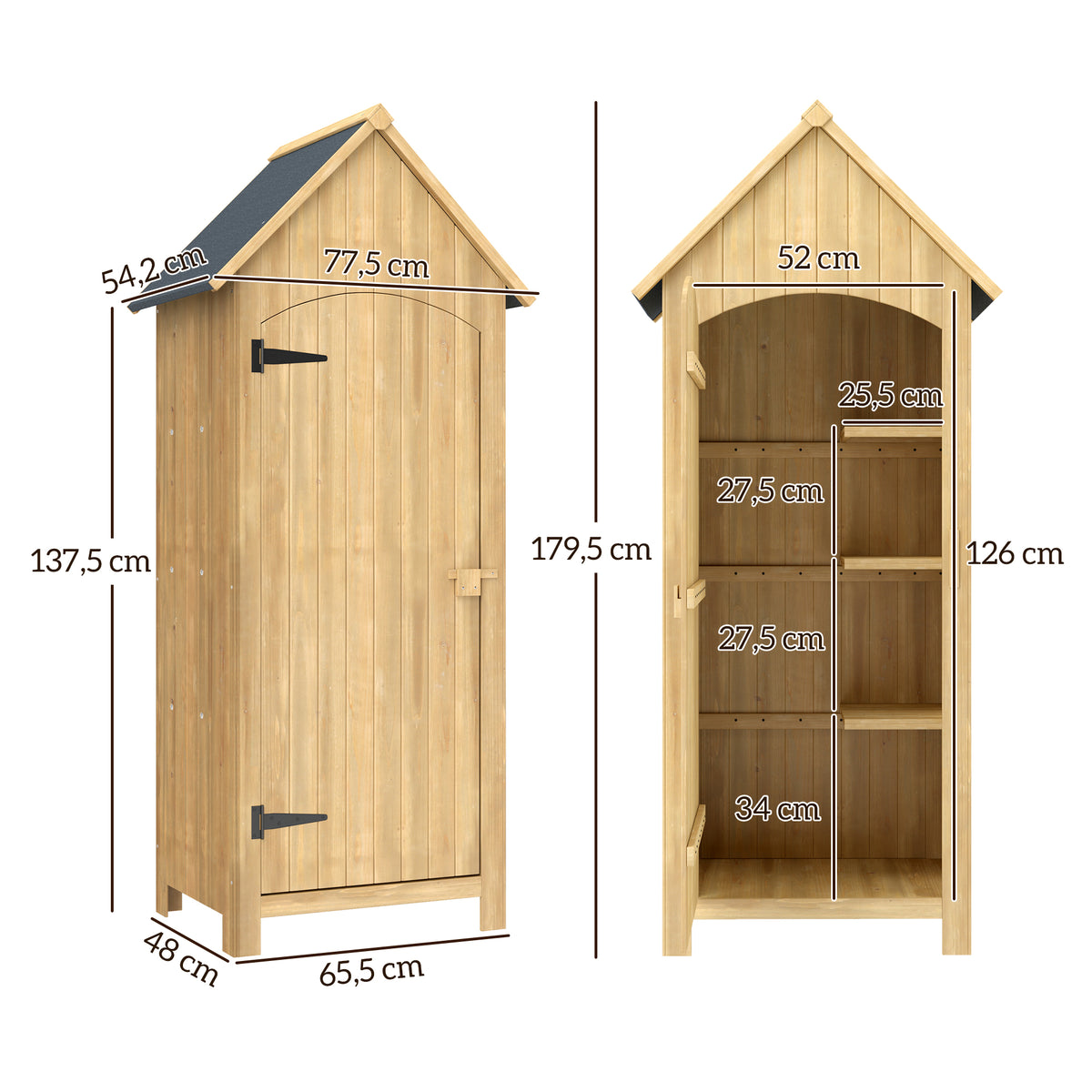 Abri de jardin en bois cabane de jardin exterieur armoire de jardin avec toit bitumé 3 étagères porte avec loquet rangement et stockage extérieurs pour terrasse 77,5 x 54,2 x 179,5 cm naturel