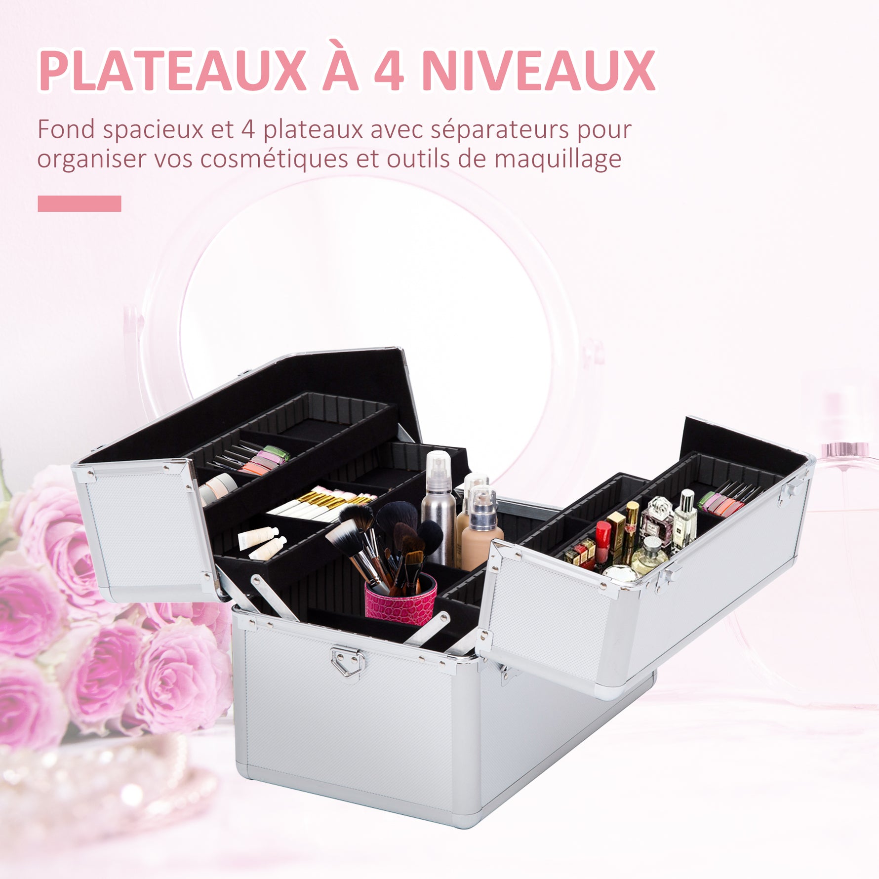 Mallette maquillage valise maquillage à 3 niveaux, boîte de cosmétiques avec clés, 36,5 x 24 x 29 cm, argent