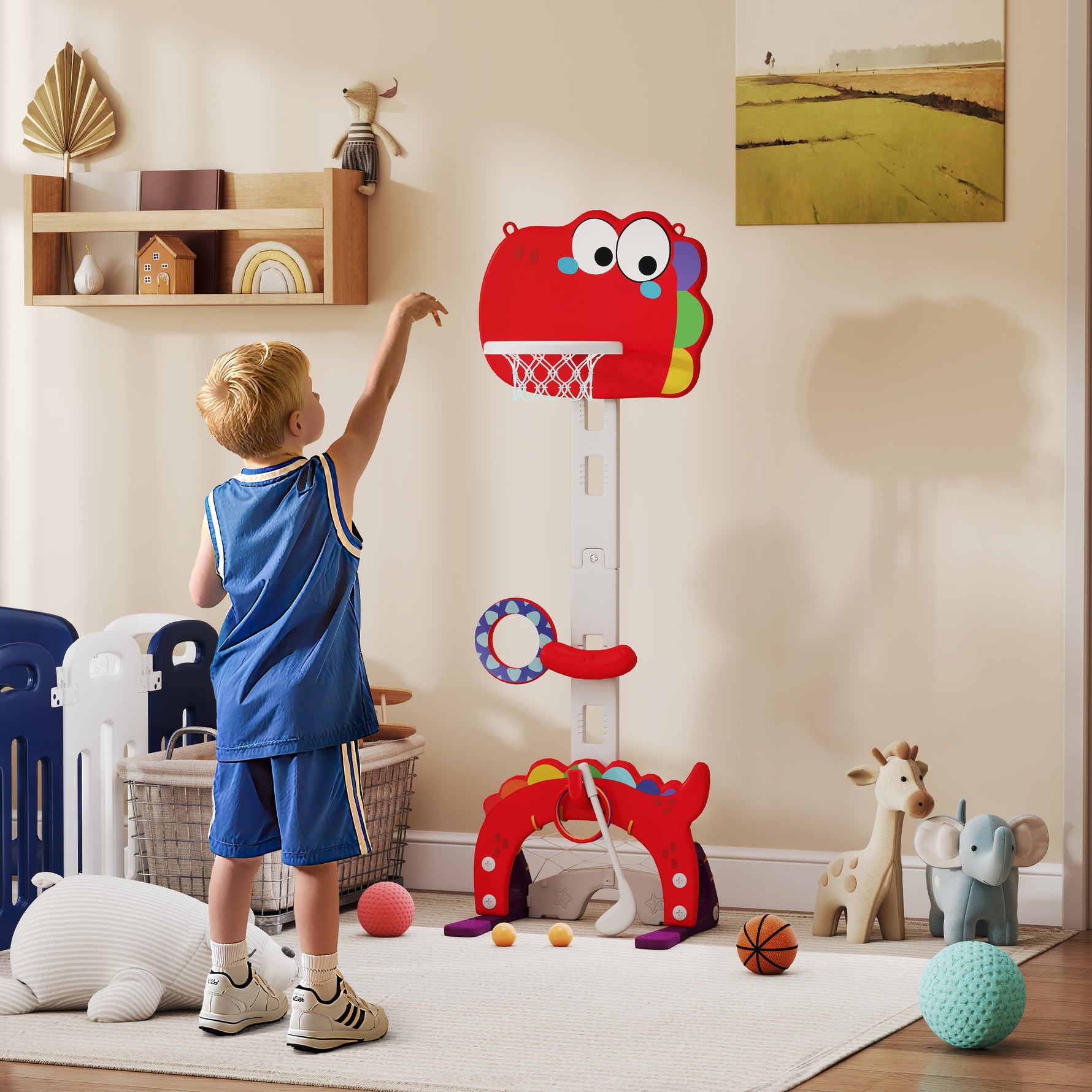 Panier de basket-ball pour enfants, hauteur réglable, 5 en 1 lancer de balles, golf, football jeu de lasso, 3-6 ans