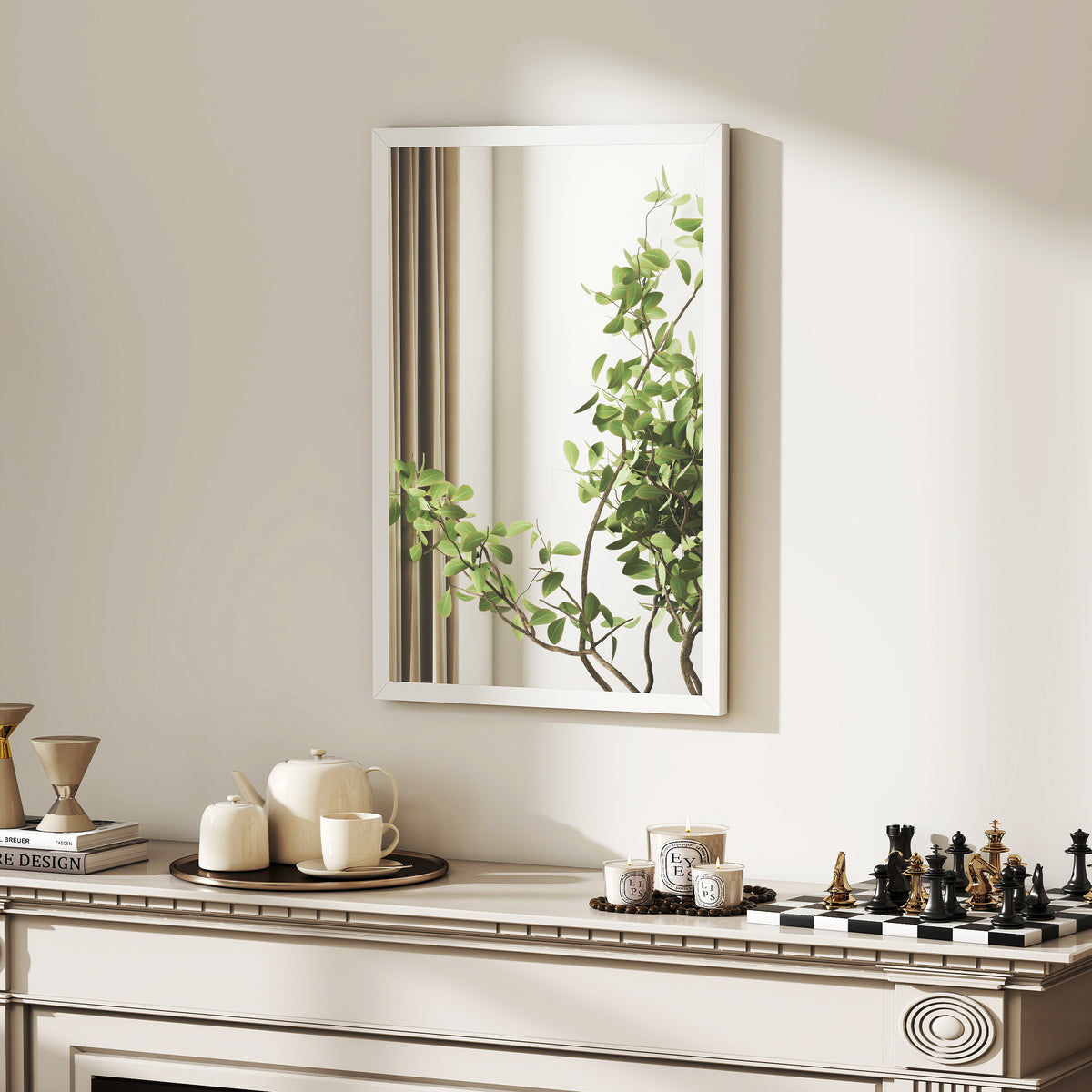 Miroir mural rectangulaire 60 x 40 cm, cadre en bois blanc, idéal pour la salle de bain, salon ou chambre