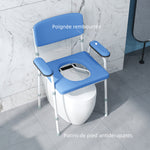 Silla de inodoro con orificio multifunción, cubo extraíble, altura regulable, con respaldo, asiento y reposabrazos acolchados azules