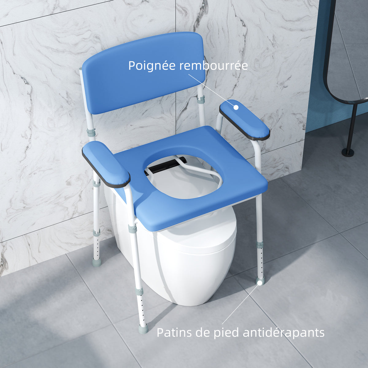 Silla de inodoro con orificio multifunción, cubo extraíble, altura regulable, con respaldo, asiento y reposabrazos acolchados azules