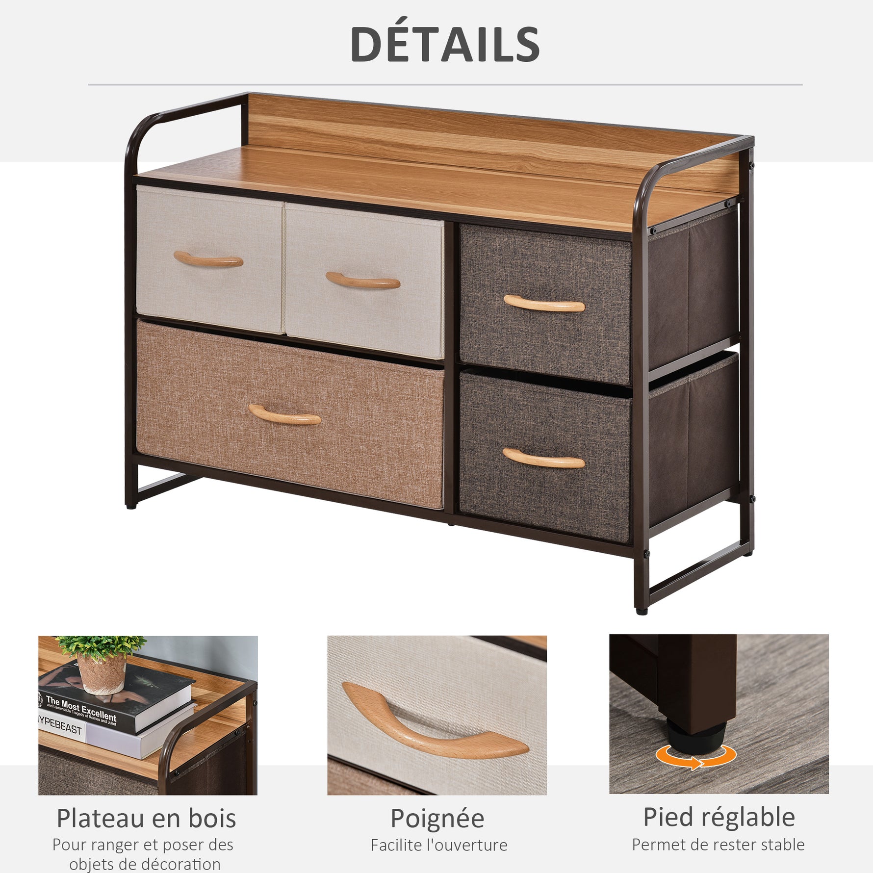 Commode Meuble de Rangement 5 tiroirs en Tissu 87,5 x 29 x 58 cm Marron et Beige