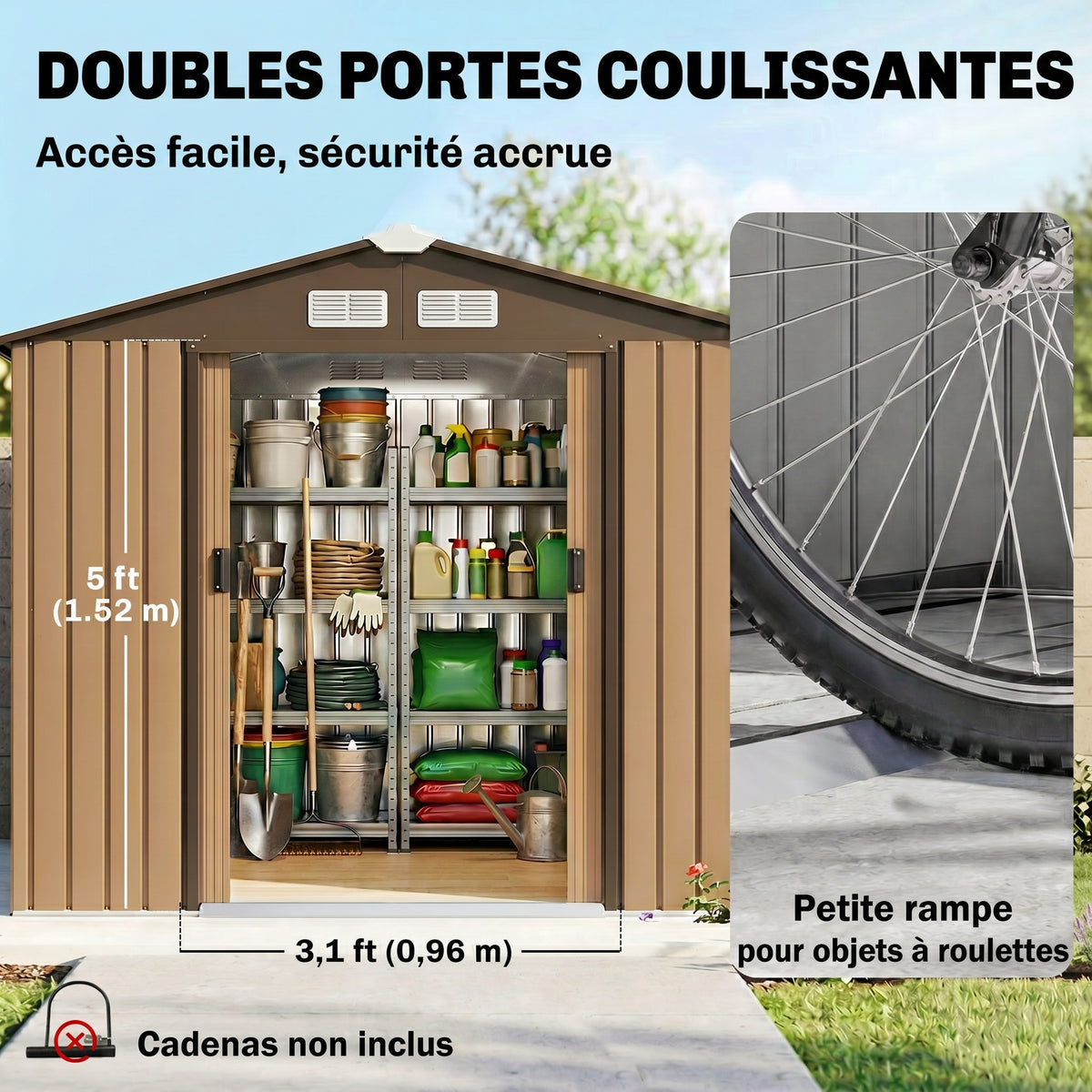Abri de jardin 2,5 m² - remise pour outils avec kit de fondation - cabanon porte verrouillable - tôle d'acier ocre