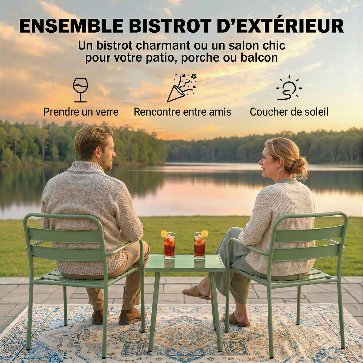 Ensemble bistrot de jardin 3 pièces - table basse en verre trempé et 2 chaises à lattes, cadre en acier galvanisé, vert