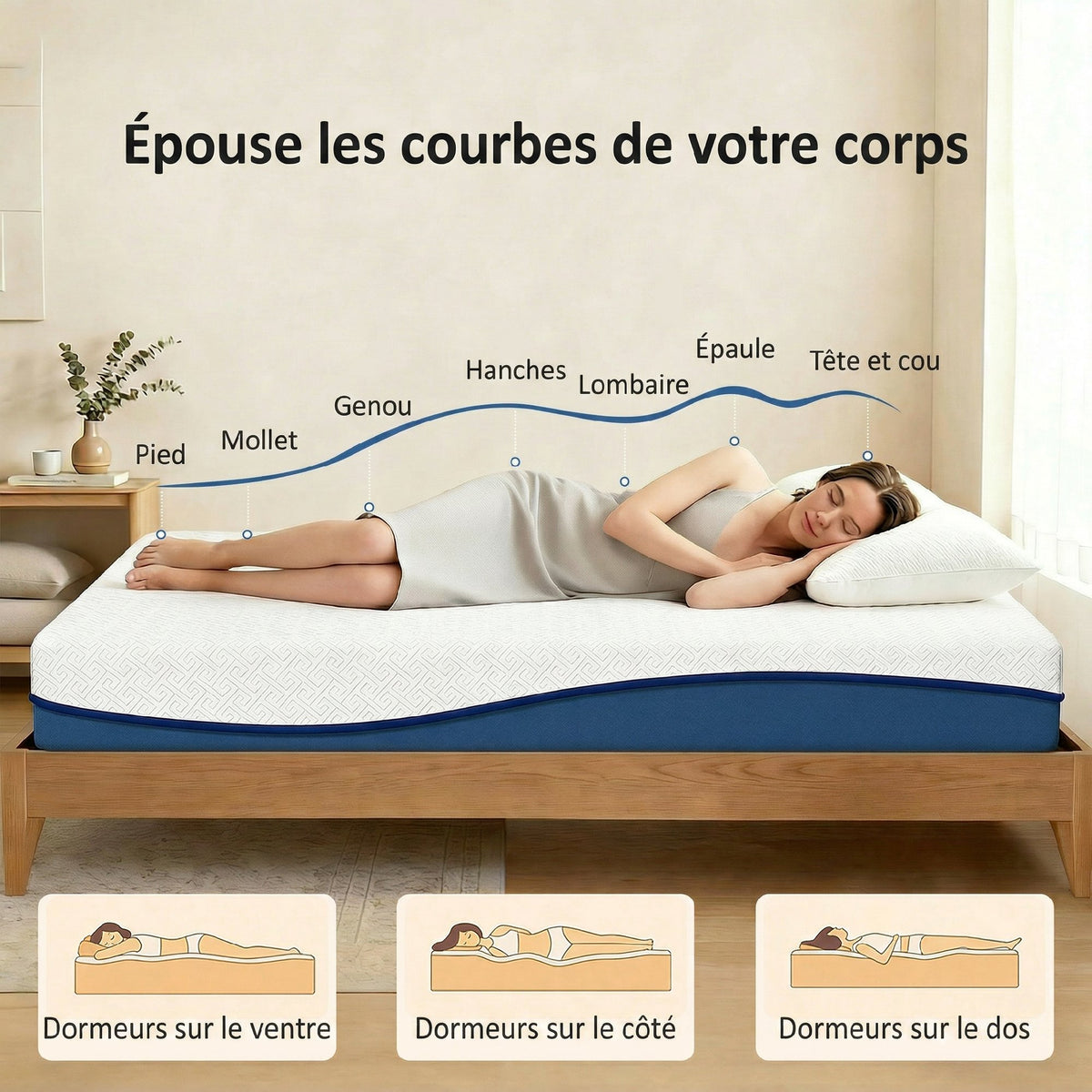 Matelas 160x200cm, matelas 2 personnes, mousse à mémoire de forme au thé vert, housse amovible lavable, fermeté moyenne