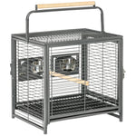 Cage de transport en acier pour perroquets, cage à oiseaux avec 2 bols en acier inoxydable, 2 perchoirs, plateau, noir