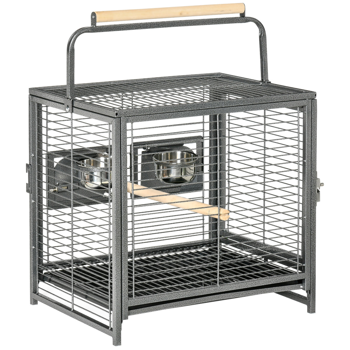 Cage de transport en acier pour perroquets, cage à oiseaux avec 2 bols en acier inoxydable, 2 perchoirs, plateau, noir