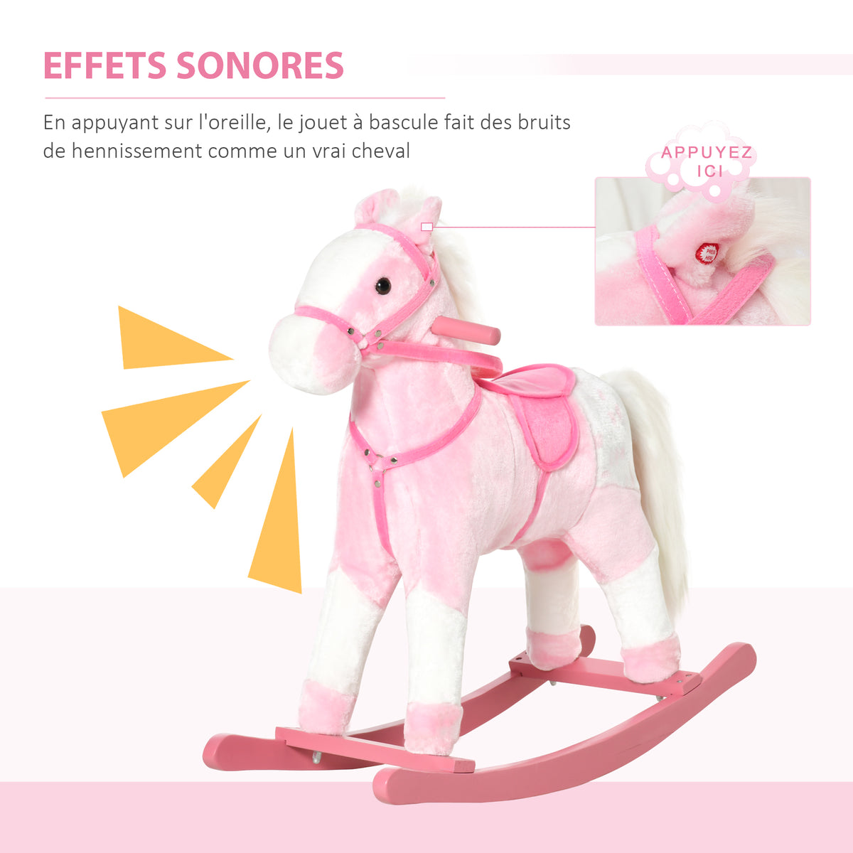 Cheval à Bascule en Bois et Peluche pour Enfant Cheval de Cowboy peluche Pour Enfants de 3-6 Ans Jouet balançoire avec Effet sonore Selle rênes Rose Blanc