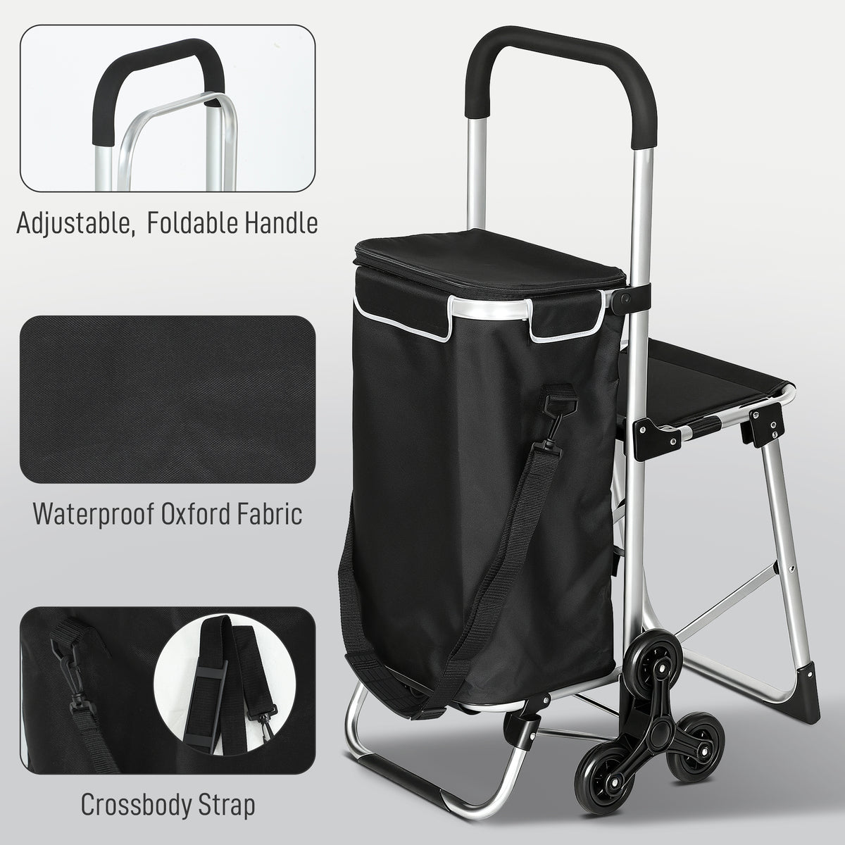 Chariot de courses pliable caddie de courses portable à roulettes avec siège pliable, sac amovible, 46x59,5x97cm, noir