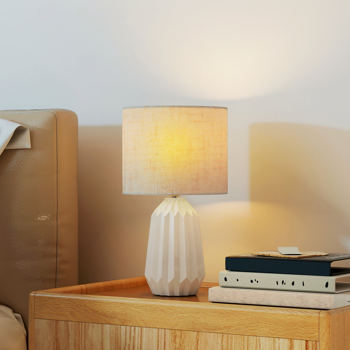Lampe de Table avec Base en Céramique et Abat-Jour en Lin, Lampe de Chevet avec Interrupteur, Culot E27, Blanc et Beige