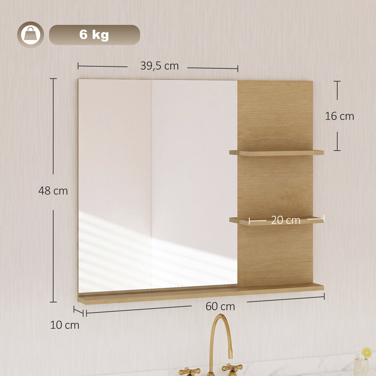 Miroir Salle de Bain avec 3 Étagères 60 x 48 cm, Miroir Mural Modern pour chambre à coucher, bureau, Chêne